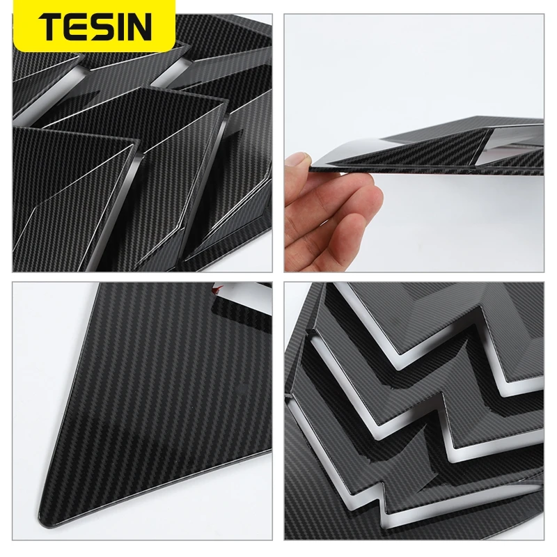 TESIN ABS Carbon Fiber Car Rear Window Blind Shades Louver Vent Window Cover Stickers Accessories Fit For Dodge Challenger 2010+