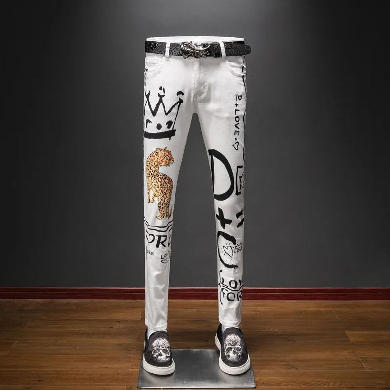 

Summer Leopard Men's Print Graffiti Jeans Slim Fit Lightweight White Stretch Cotton Denim Pants For Men