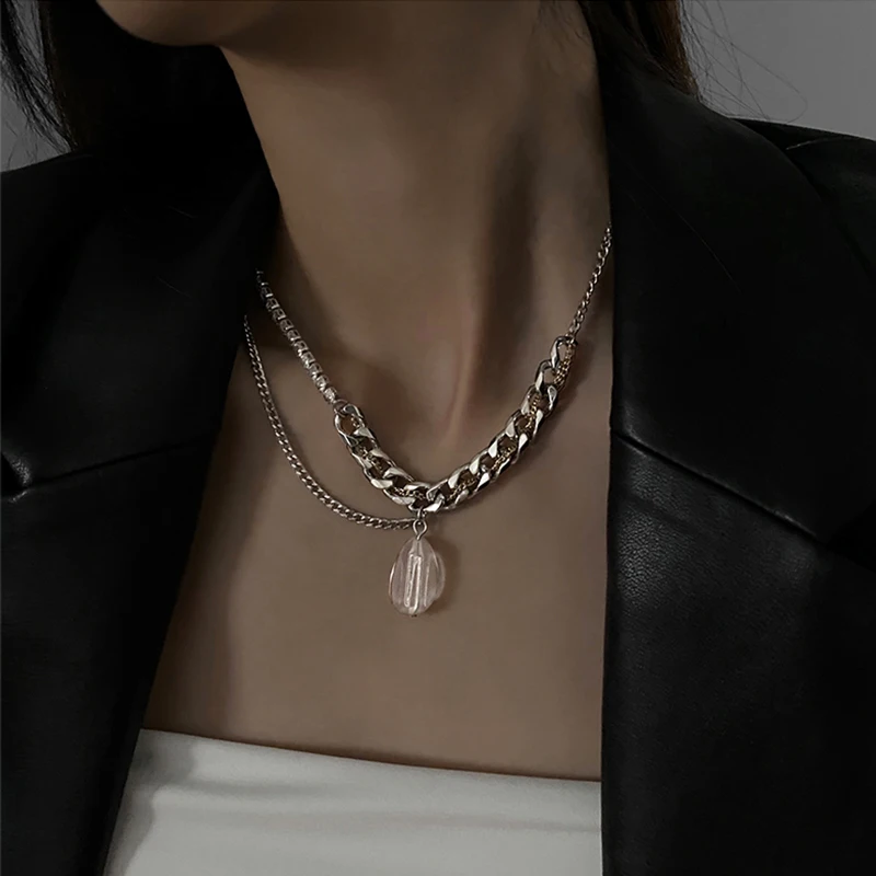 Flashbuy Trend Gold Silver Color Chain Necklace Transparent Acrylic Pendant Necklaces ​Hip Hop Jewlery