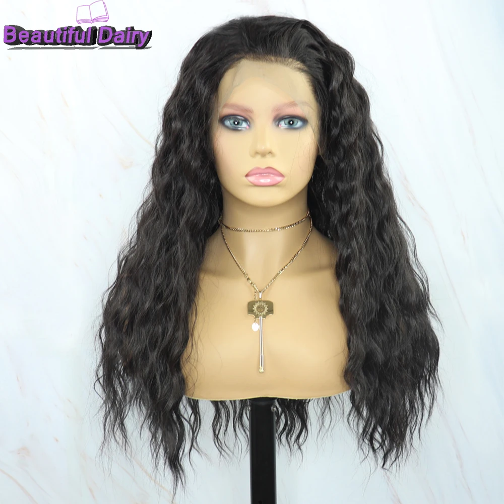 Beautiful Diary Black Long Curly Gluesless Synthetic Lace Wigs For Women Futura Hair Loose Wave Tpart Synthetic Lace Front Wigs