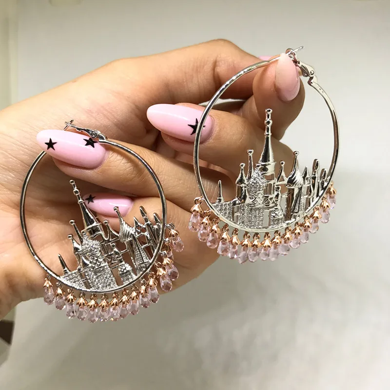 Charming Female Big Hoop Earring Castle Sculpture of European Big Circle Tassels Earrings Sterling Silver Jewelry Collection