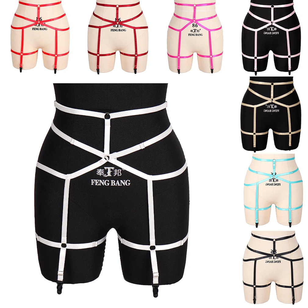 

Ladies sexy lingerie belt bondage woman erotic stretch drawstring chain bra thigh garter stockings set body gothic Harajuku