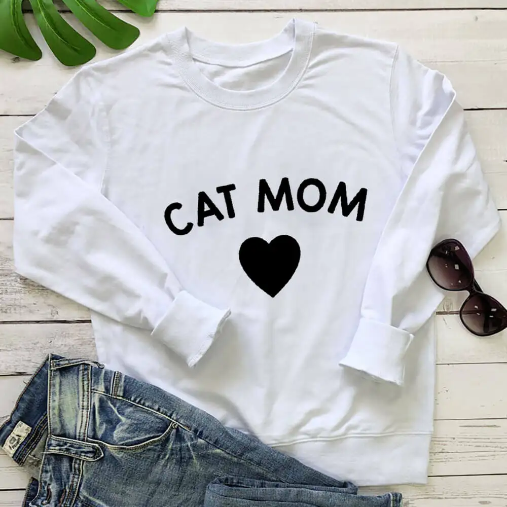 Cat Mom Heart Graphic Sweatshirt New Arrival Women's Funny Casual 100%Cotton Long Sleeve Tops Cat Lover Life Tops Cat Mom Gift