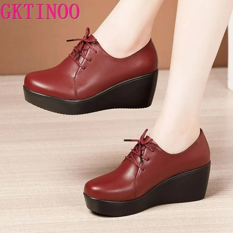 

GKTINOO 2024 Wedges Women Shoe Spring Autumn Lace-Up High Heels Round Toe Leather Casual Ladies Platform Shoes Woman Size 33-43