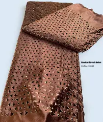 Handcut Korean Velvet with Gold Edgings, Stretch African Lace Fabric, Soft, High Quality, 5 Yards