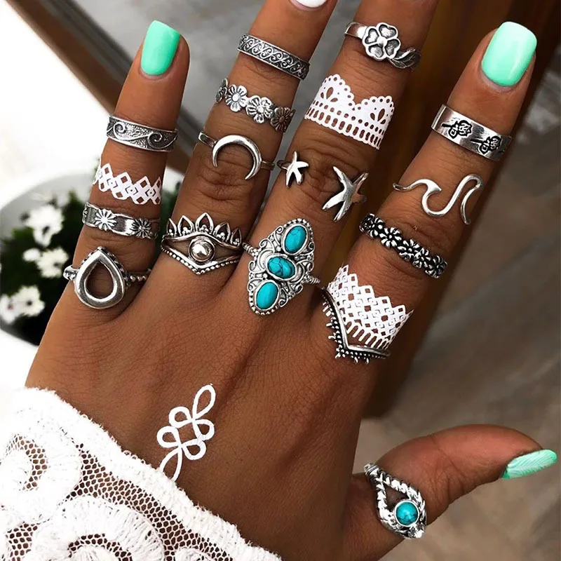 New Product Vintage Turquoise. Flowers. Moon. Spray. Pentagram Open Ring 15 Piece Set Joint Ring