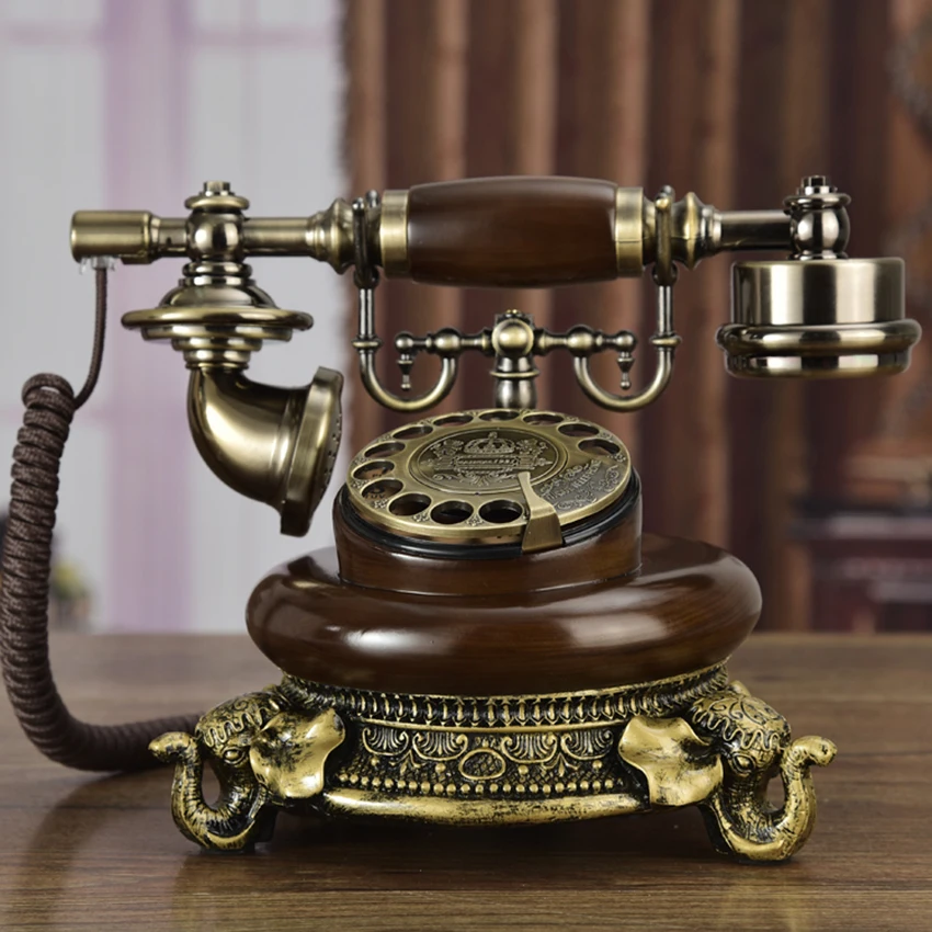 American Antique Telephone Retro Rotary Dial Telephone Landline, Electronic / Mechanical Ringtone, Coffee Color, Mahogany