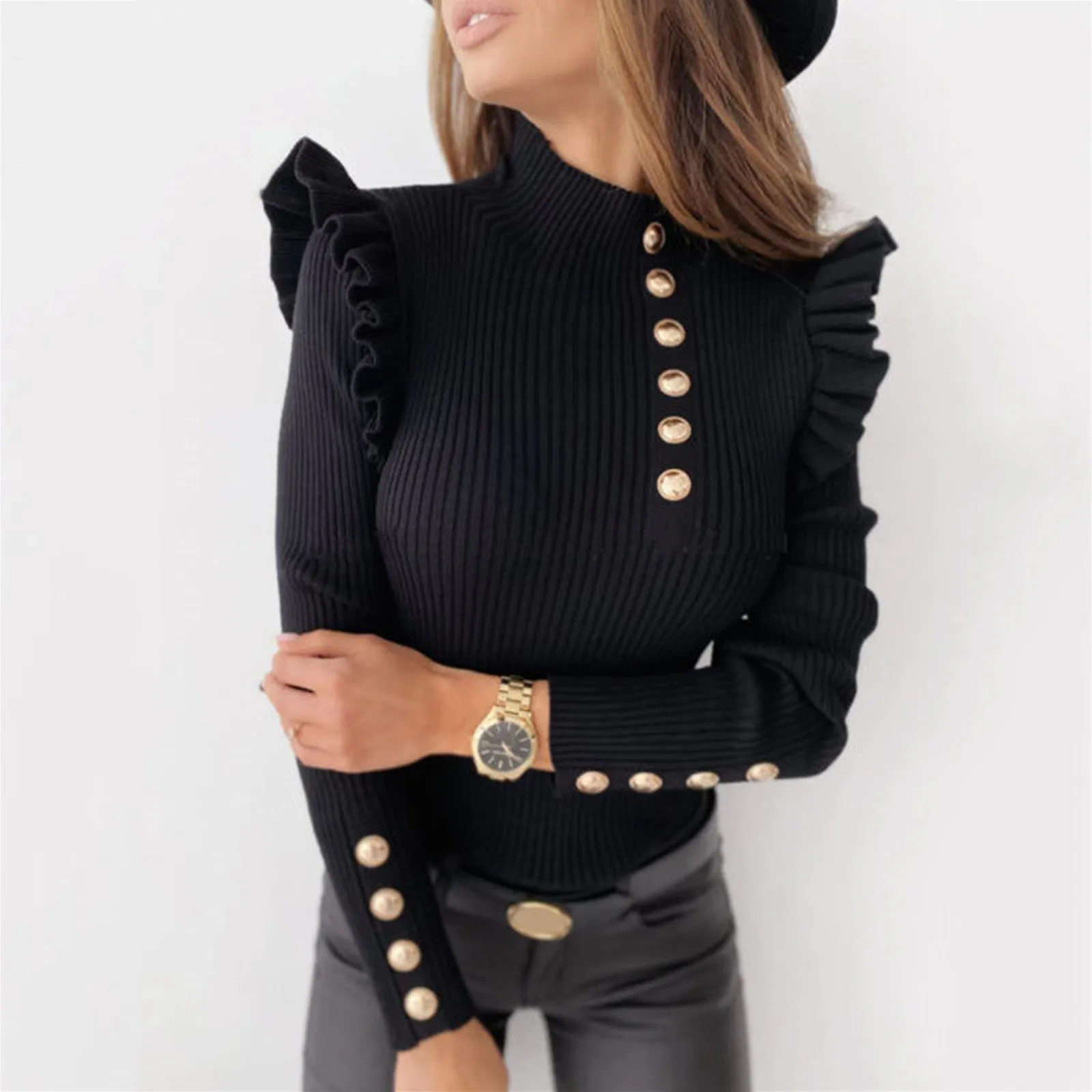 Autumn Fashion Elegant Solid Women Turtleneck Buttons Ruffle Knitted Sweater Solid Slim Long Sleeve Tops Office Lady Pullover