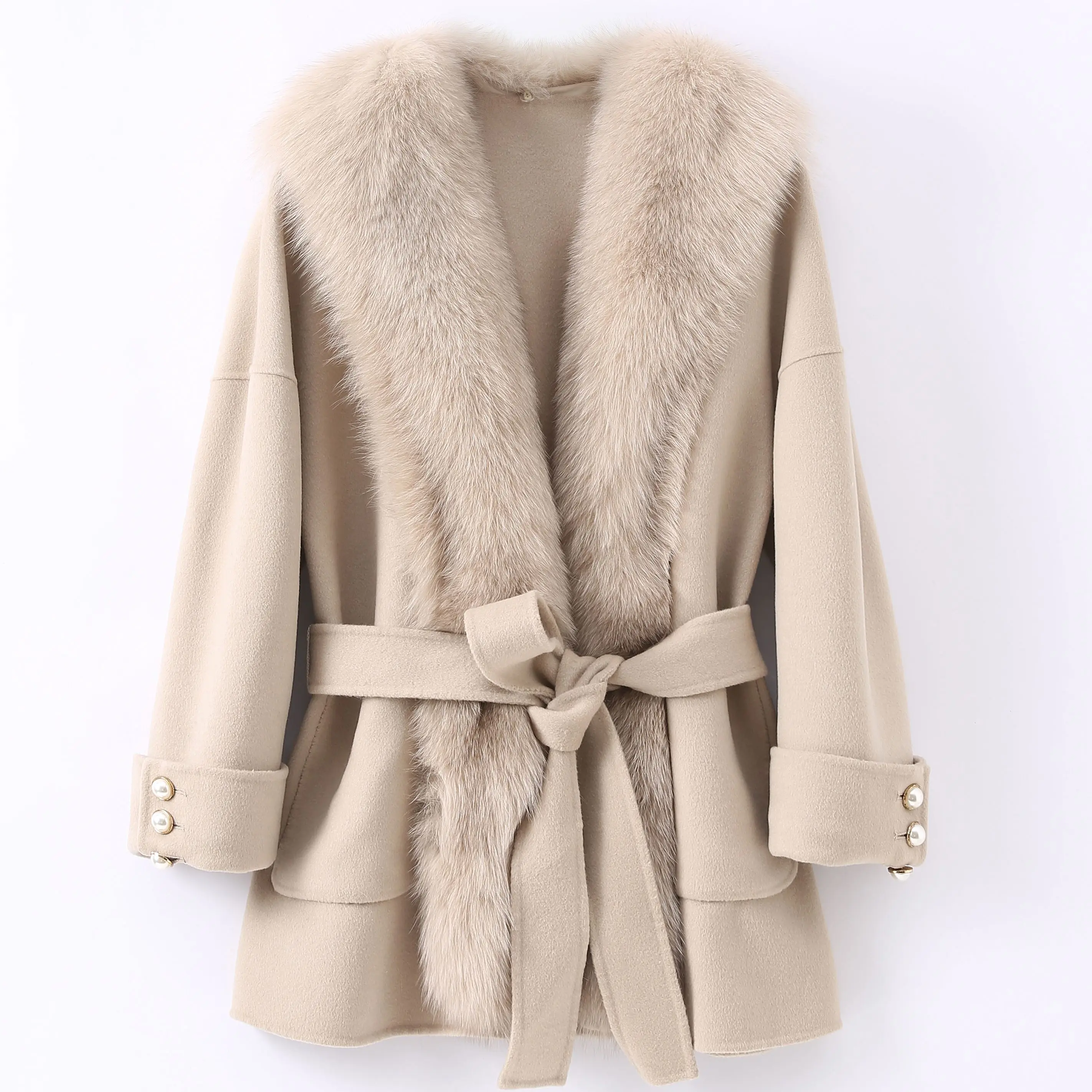 

Pudi Women Winter Real Fox Fur Coat Jacket 2021 Ins Hot Lady Over Size Wool Blends Parka Trench Z20221