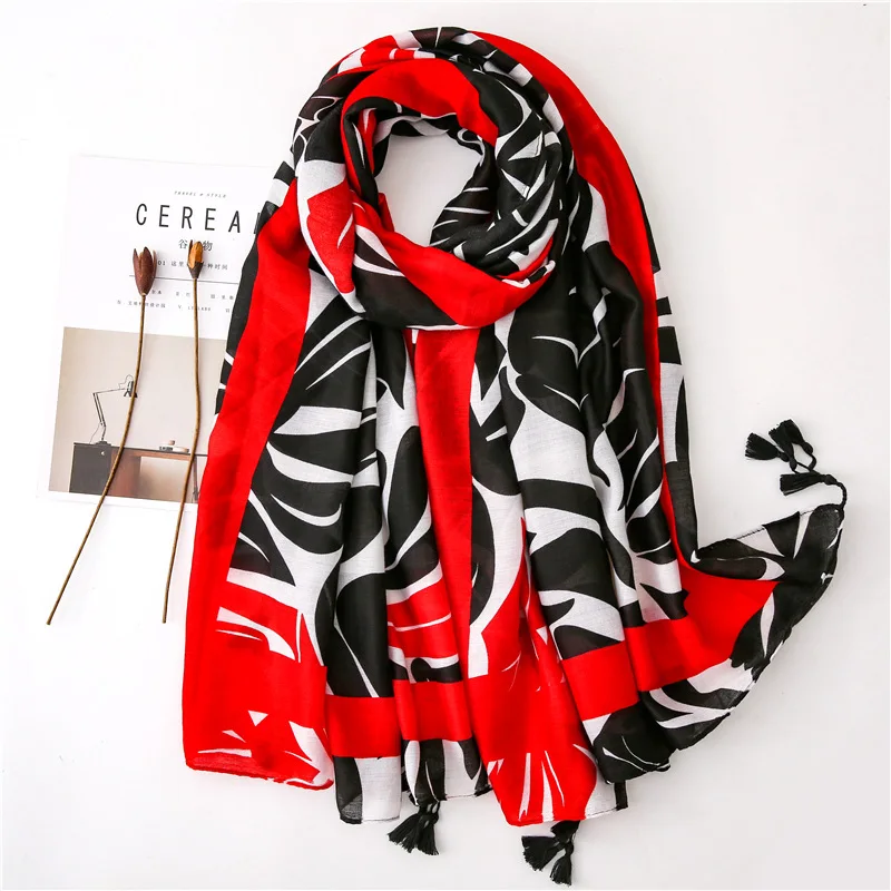 

summer new cotton and linen scarf ladies Korean fashion wild red black color geometric scarf travel shawl dual-use