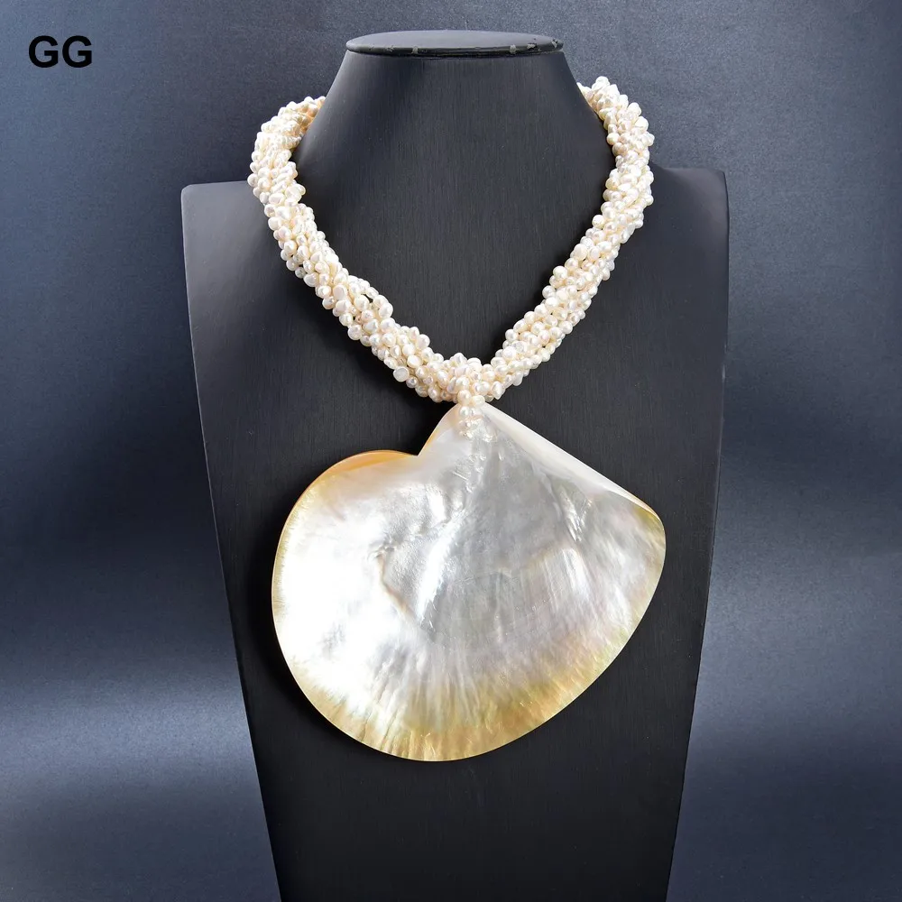 GuaiGuai Jewelry 7 Rows Natural White Keshi Pearl Big Shell Pendant Necklace