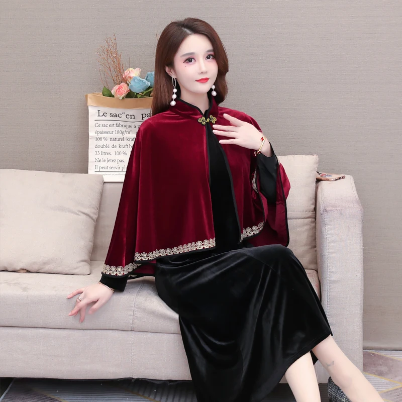 Gold velvet cape short coat for women all match shawl gold embroidery autumn and winter mother cheongsam dress wedding cloak