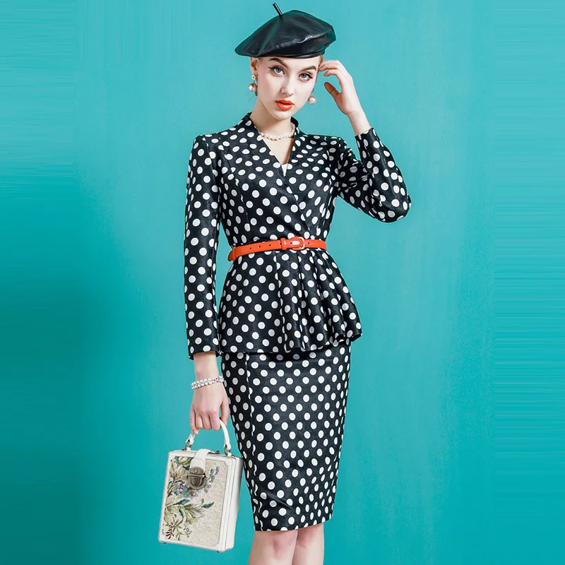 Retro Wave Point Skirt Elegant Celebrity Fashion V-Neck Temperament Slim Suit