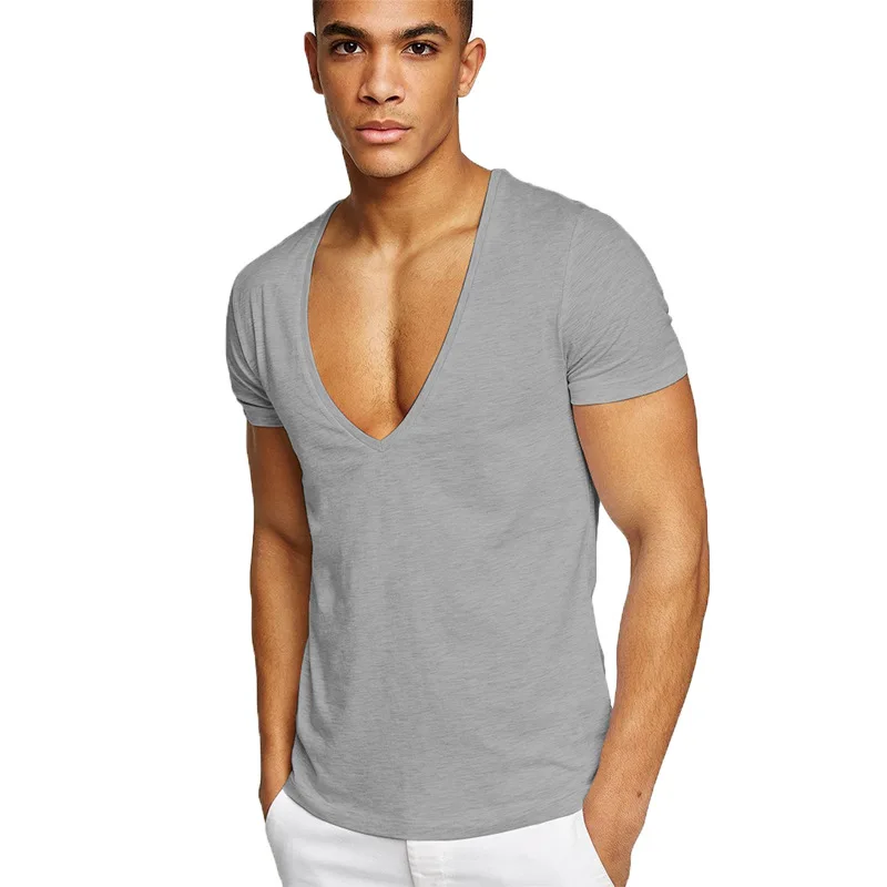 Summer Sexy Deep V-Neck Men\'s T Shirt Low Cut Vneck Wide Vee Tee Male Tshirt Short Sleeve Causal Solid Tops Invisible Undershirt