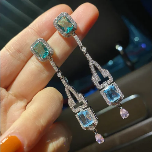 Retro fashionable geometric colored diamonds shine with zircon all-match design sense ins earrings