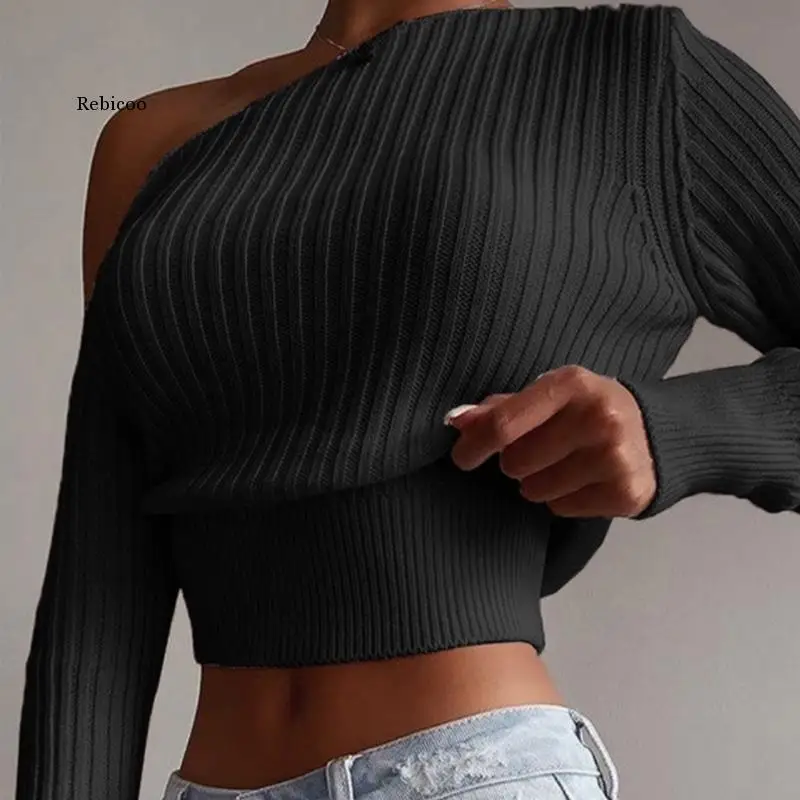 New Sexy Off Shoulder Women\' Sweater Jumper Spring Long Sleeve Knitted Crop Tops Fashion Solid Lady Pullover Sweaters Streetwear