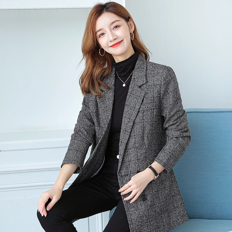 

2022 Spring Women Jacket Big V Neck Top Quality Plaid Print Female Suit Jackets Slim For Office Lady Classic Style 022