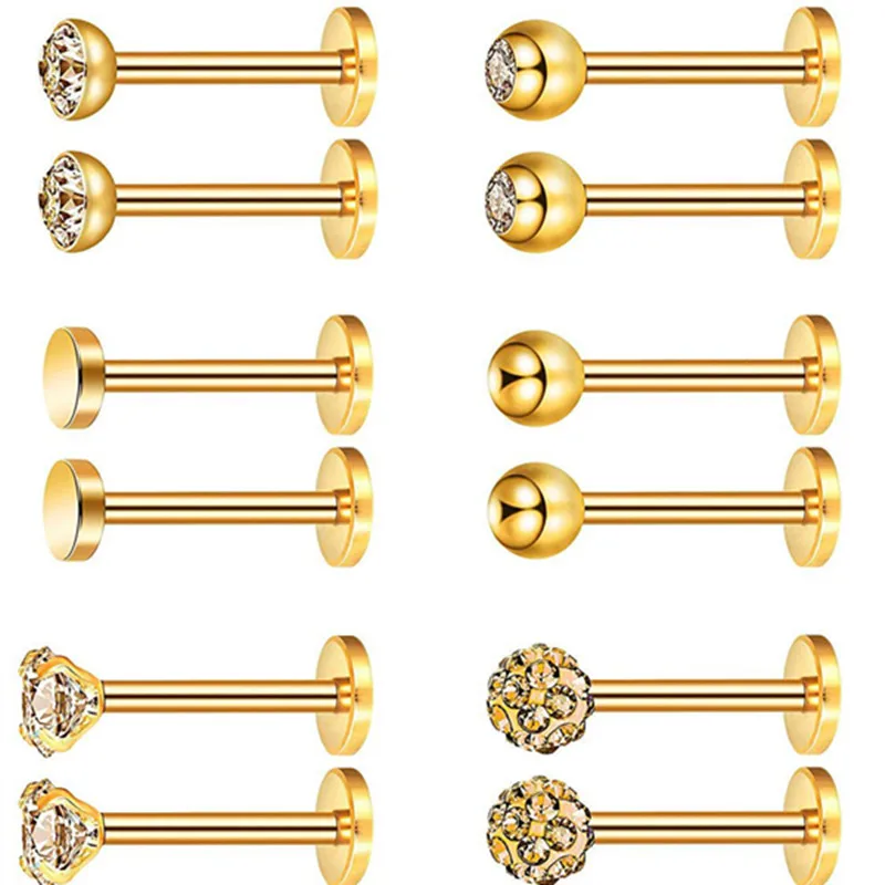 12PCS Stainless Steel Labret Piercing 16G Lip Ring Crystal Lip Helix Piercing Tragus Earring Cartilage Stud Body Pircing Jewelry