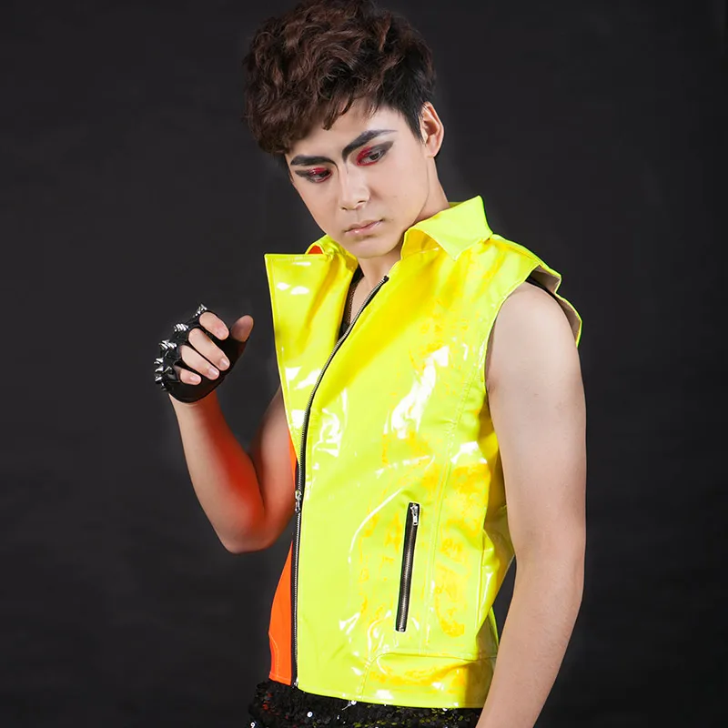 Men'S Personality Jazz Dance Costume Fluorescent Motorcycle Vest Korean Version Nightclub Hiphop Street Performance Wear DWY2711