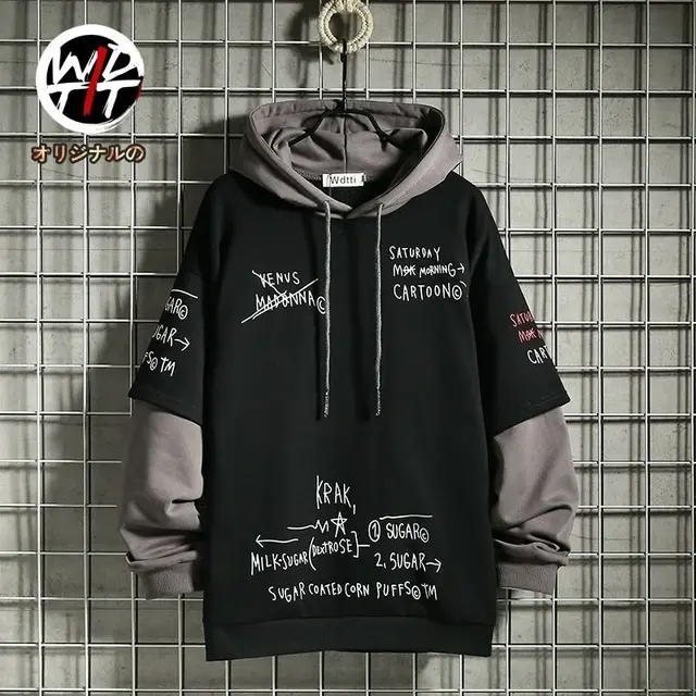 Wiosna/jesień męski sweter Retro Mock dwuczęściowy z kapturem koreański hiphopowy nadruk bluza luźna bluza z kapturem męska kurtka z podszewką z polaru