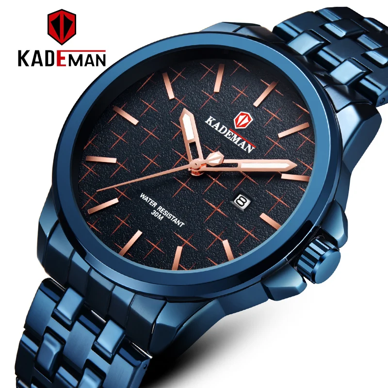 

Watches Mens 2020 KADEMAN NEW Fashion Quartz Blue Stainless steel Watch Date Clock Male Creative Wristwatch Men Business Watch