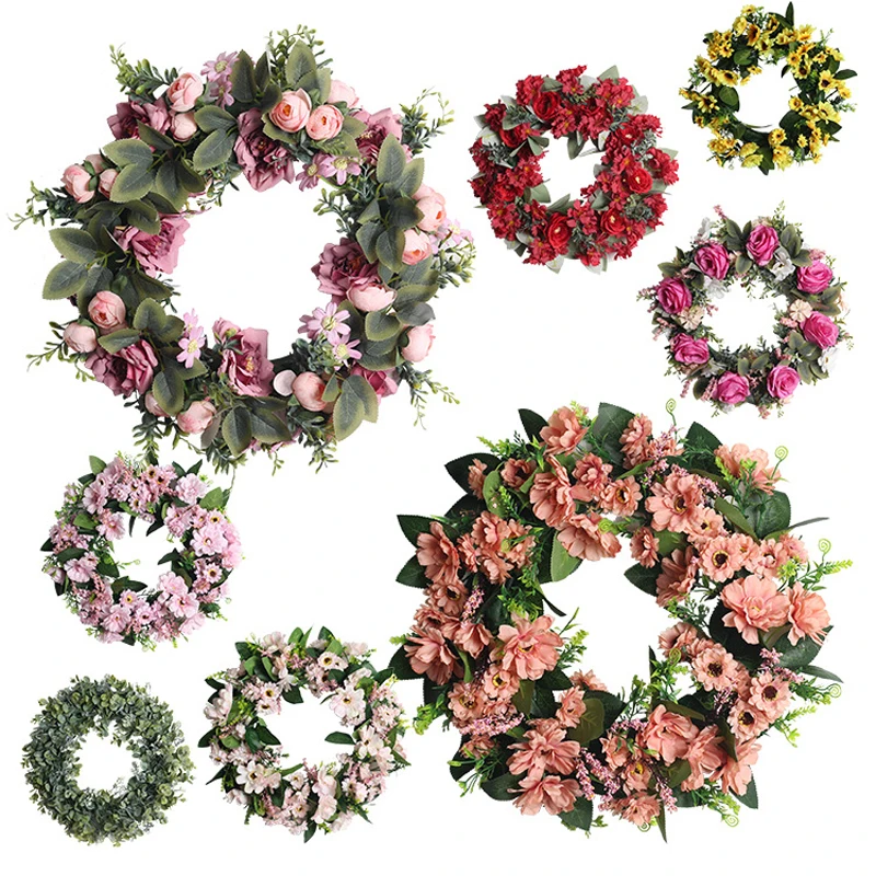 

45cm Big Artificial Wreath Christmas Garland Round Fake Eucalyptus Wall Hanging Plants Silk Flowers For Home Door Wedding Decor