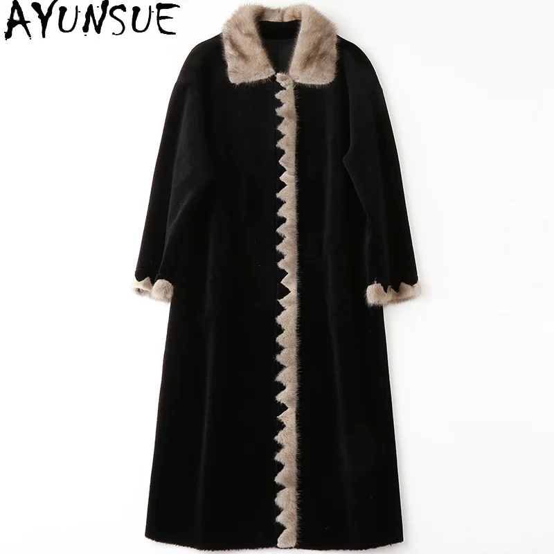 

AYUNSUE Winter Jacket Women 2021 Elegant Real Woolen Overcoat Female Autumn Mink Fur Collar Black Jacket Jaqueta Feminina Gxy442