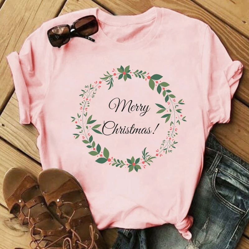 Casual Street Style manica corta abbigliamento donna oversize Top natale fiore moda ghirlanda stampata rosa t-shirt femminile