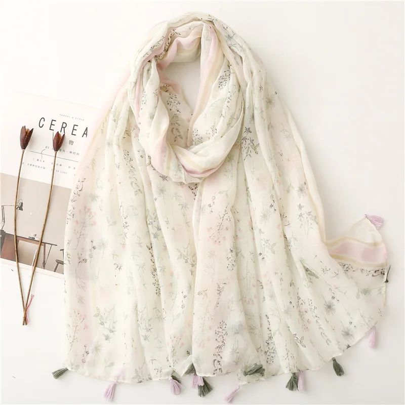 2023 Fashion Luxury Ink Painting Floral Tassel Viscose Shawl Scarf Lady High Quality Wrap Pashmina Stole Bufandas Muslim Hijab