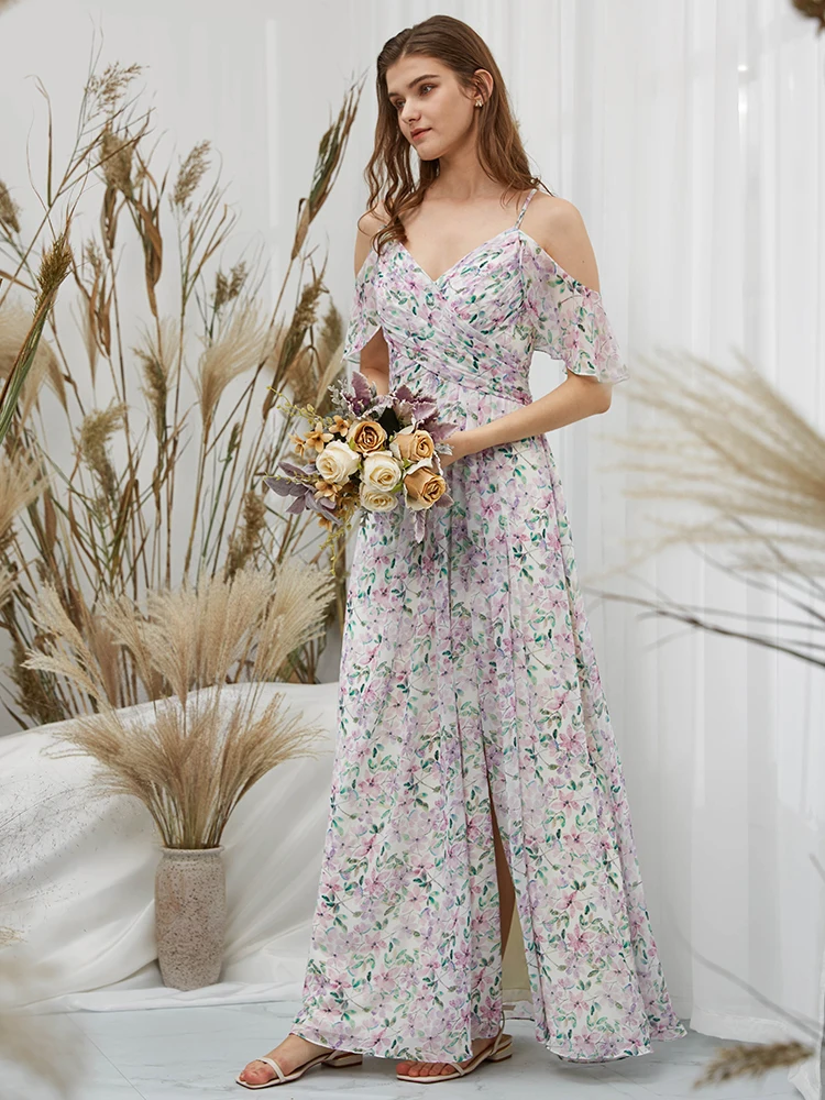 Uit De Schouder V-hals Bloemen Bruidsmeisje Jurk Plus Size Bruiloft Gast Party Formele Avond Prom Gown Bespoke Speciale Gelegenheid