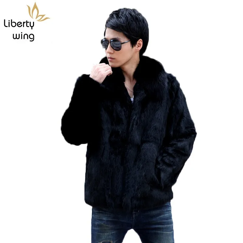 Men Rabbit Short Coat Fox Fur Collar Shearling 2020 Slim Business Jacket Top Brand Long Sleeve Zip Winter Black Outwear 4XL