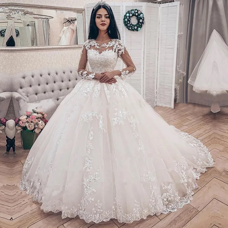 Elegant Lace Appliques Long Sleeves Ball Gown Wedding Dresses X07 Bridal Gown vestido De Noiva 2021 Sweep Train robe de mariee