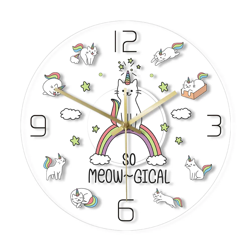 So Meow-Gical Lovely Cat Unicorn Wall Clock Cute Mystical Animal Pretty Caticorn Wall Clock Unique Rainbow Cloud Cat Wall Decor