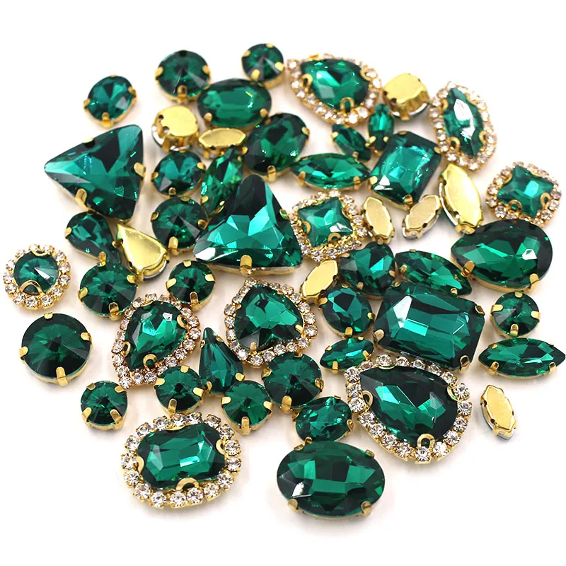 50pcs/Bag Peacock Green Mixed Shape Sew on Glass Rhinestone Gold Claw Crystal Buckle Diy Wedding Decoration Clothes/Shoe/Dress