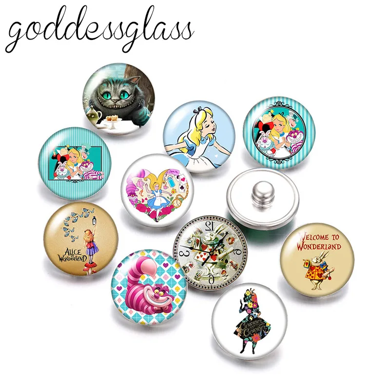 Disney Alice Cheshire cat white rabbit 10pcs Round photo glass 18mm snap buttons for 18mm snap bracelets jewelry wholesale