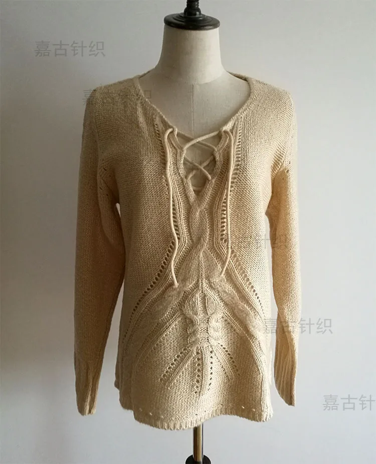Long Sleeve V-neck Sweater Lace Hollow Short Pullover 2021 Spring Hot Sale Fashion Ladies Knit Top