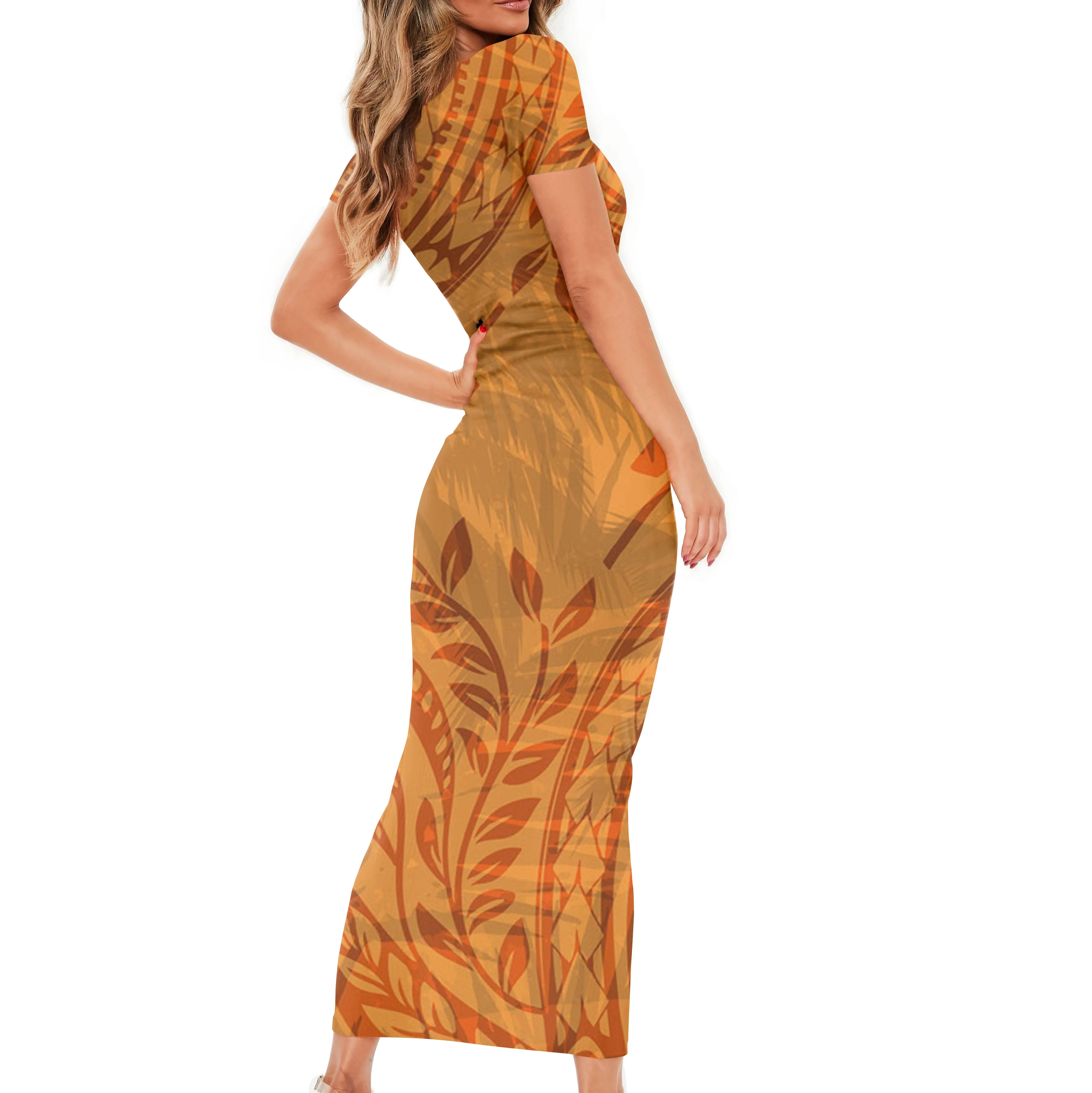 Factory Outlet Custom Design Polynesian Tribal Yellow Background With Stripe Leaf Ladies Summer Tight New Design Big Size Dress