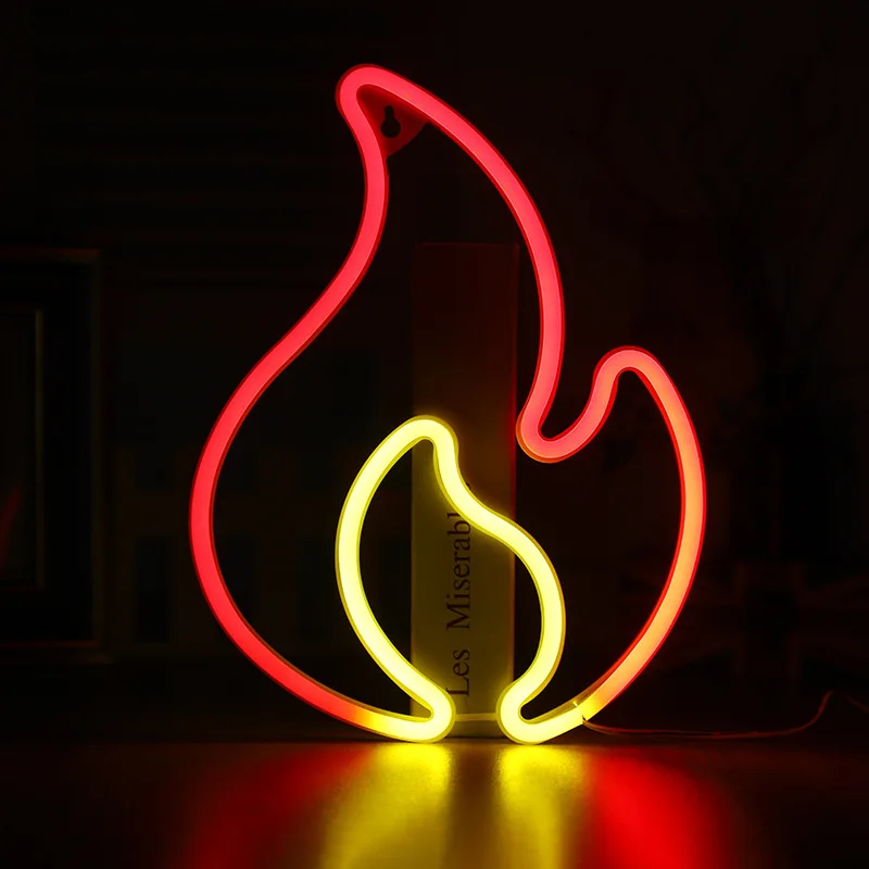 Fire Flame Neon Sign Light LED Hanging Wall Lamp Bulbs Night light Decor Store Room Party Ornaments USB + Battery Box Powered