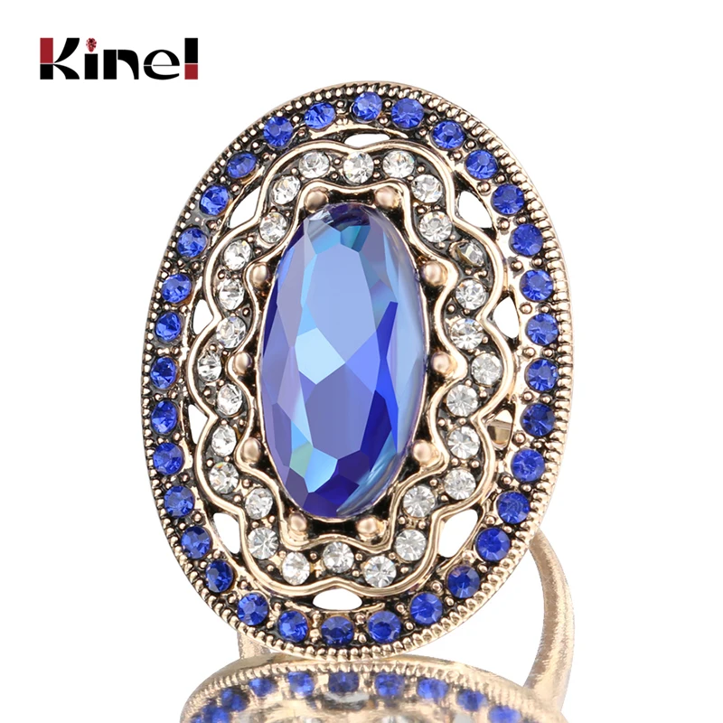 2020 New Charm Blue Big Ring Color Ancient Gold Vintage Wedding Rings For Women Mosaic White Crystal Fashion Jewelry