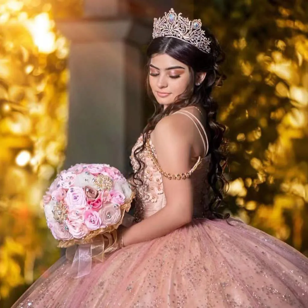 Vestidos De quinceañera rosa para niña, Vestidos De baile para niña dulce, cuentas con lentejuelas, tren De barrido, vestido De princesa para baile De graduación, 15 Años