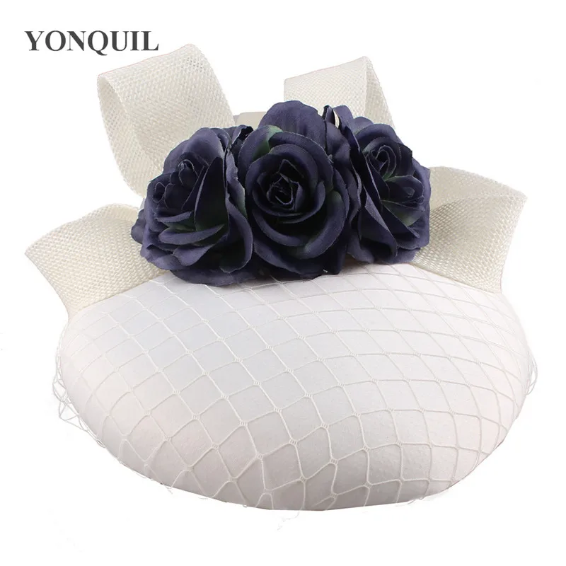 Casquette Ivoire avec Fleur Marine pour Femme, Fascinateur de Mariage, Vêtements de Sauna avec Bande Fedora, Nouvelle Collection