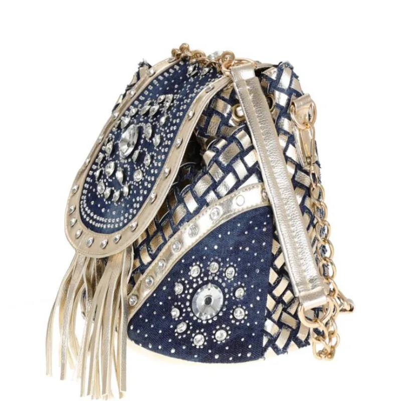 Bag handbags new 2023 fashion denim bag canvas multi-function bag woven belt diamond bag single shoulder tassel bag