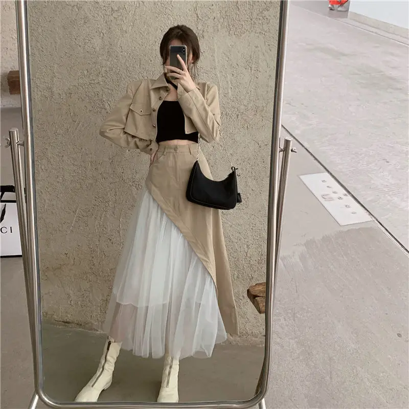 Womens Blazer Suits Sets Short Jacket Blazer Midi Skirts Sets Spring Office Ladies High Waist Tulle Long Skirt for Women Clothes