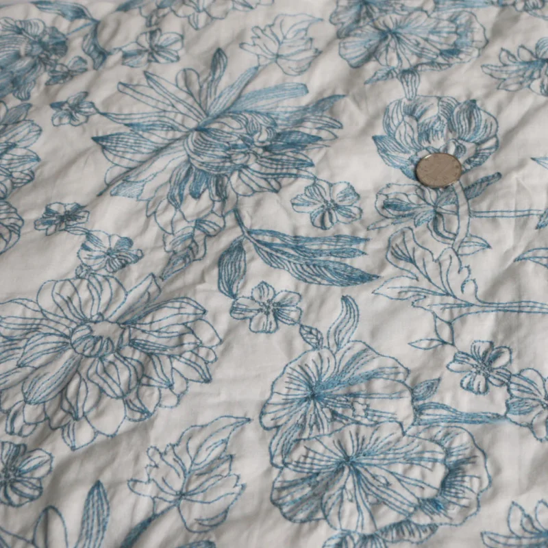 145cm Width Secret Garden Ancient Style White Background Blue Flower Lotus Cotton Embroidered Garment Fabric