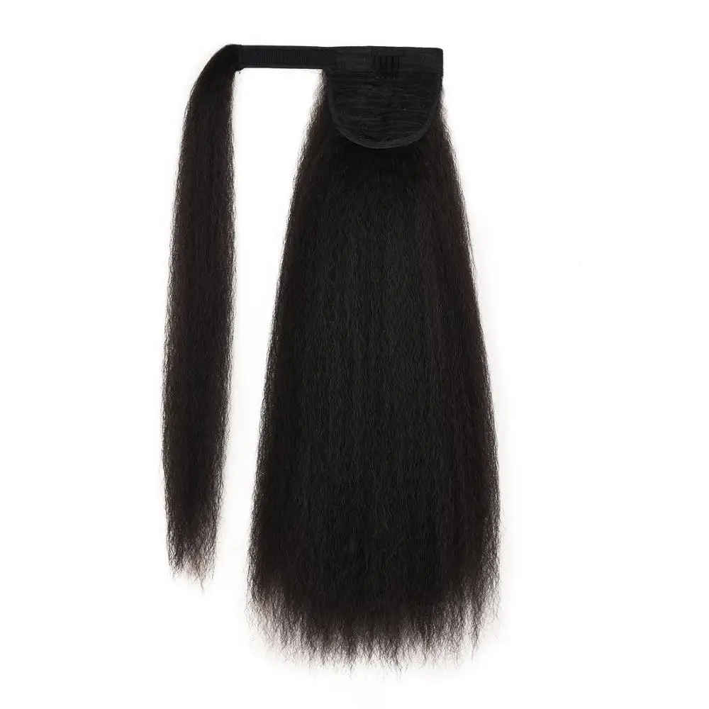 Afro Kinky Straight Ponytail Yaki Synthetic Hairpiece Wrap on Clip Hair Extensions Brown Pony Tail Natural Color Fack Hair