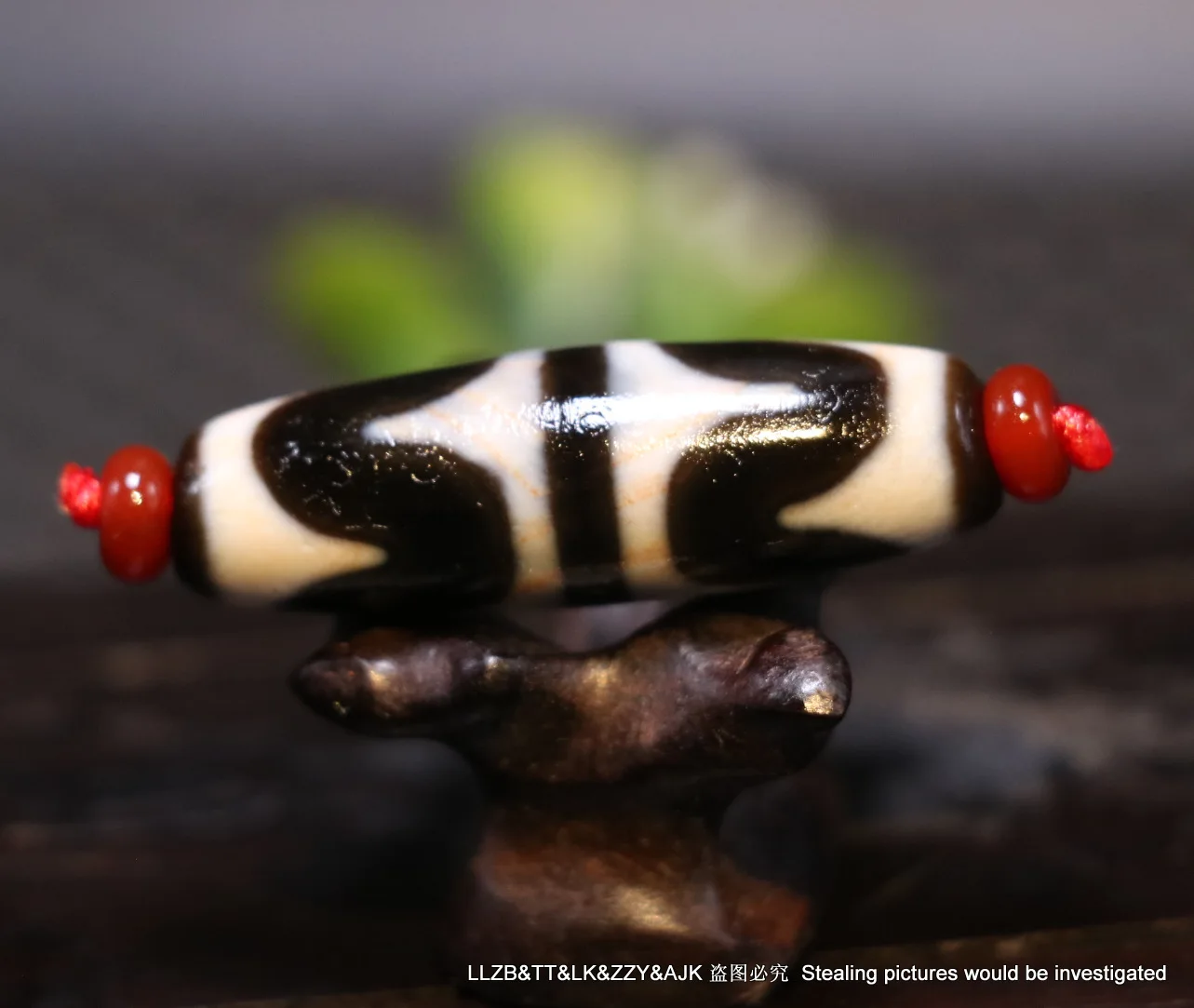 Energy Power Tibetan Old Agate Cinnabar Dots Double Tiger Tooth Totem dZi Bead A Timestown UPD22