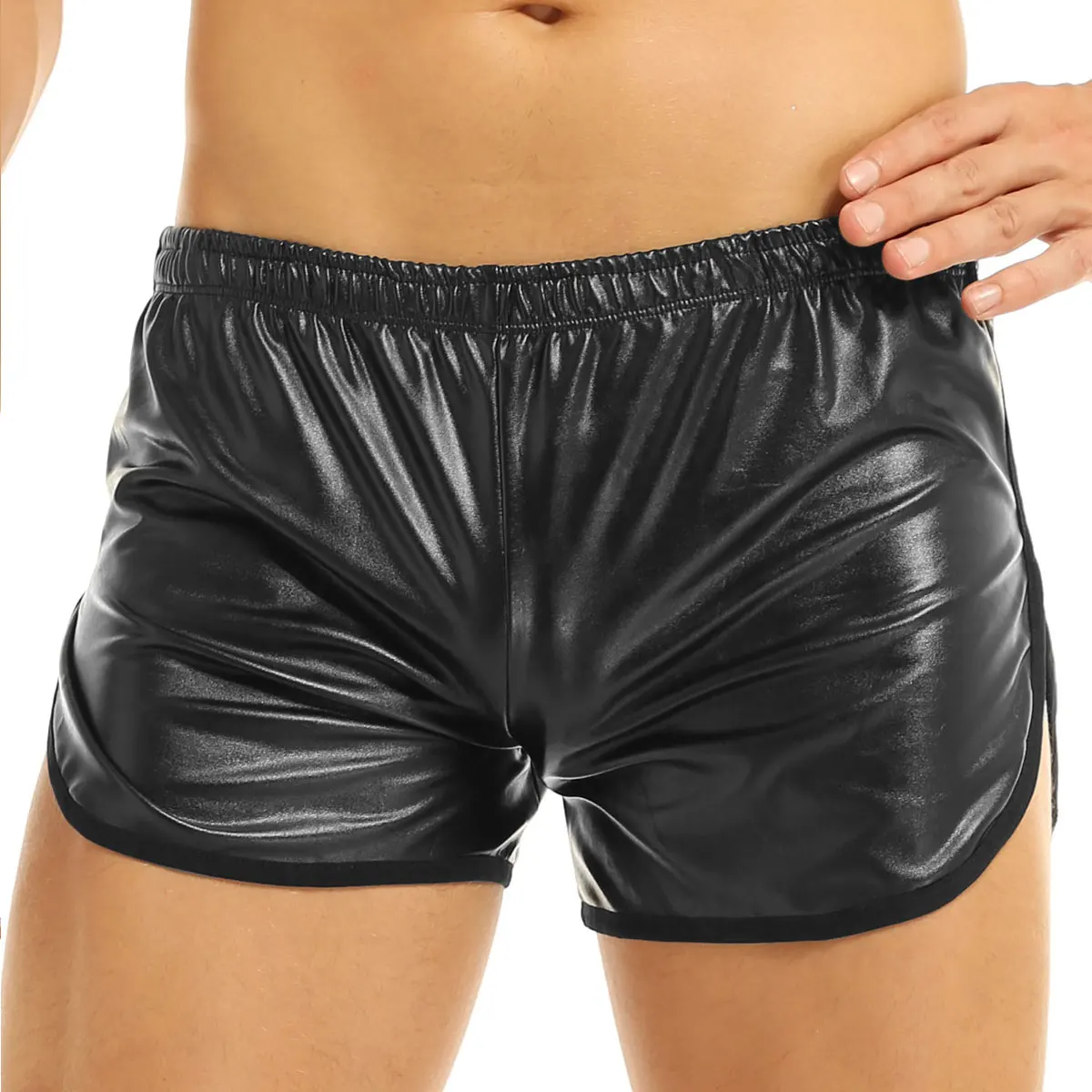 

Running shorts men Training fitness Sport shorts Men Faux Leather Sport Hot Boxer Short Pants with a Back Pocket running shorts