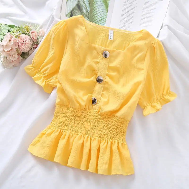 Blouses Women Candy Colors Ulzzang Kawaii Fashion Ins Preppy Clothing Summer Sweet Lovely Girls Slim 2021 Shirring Square Collar