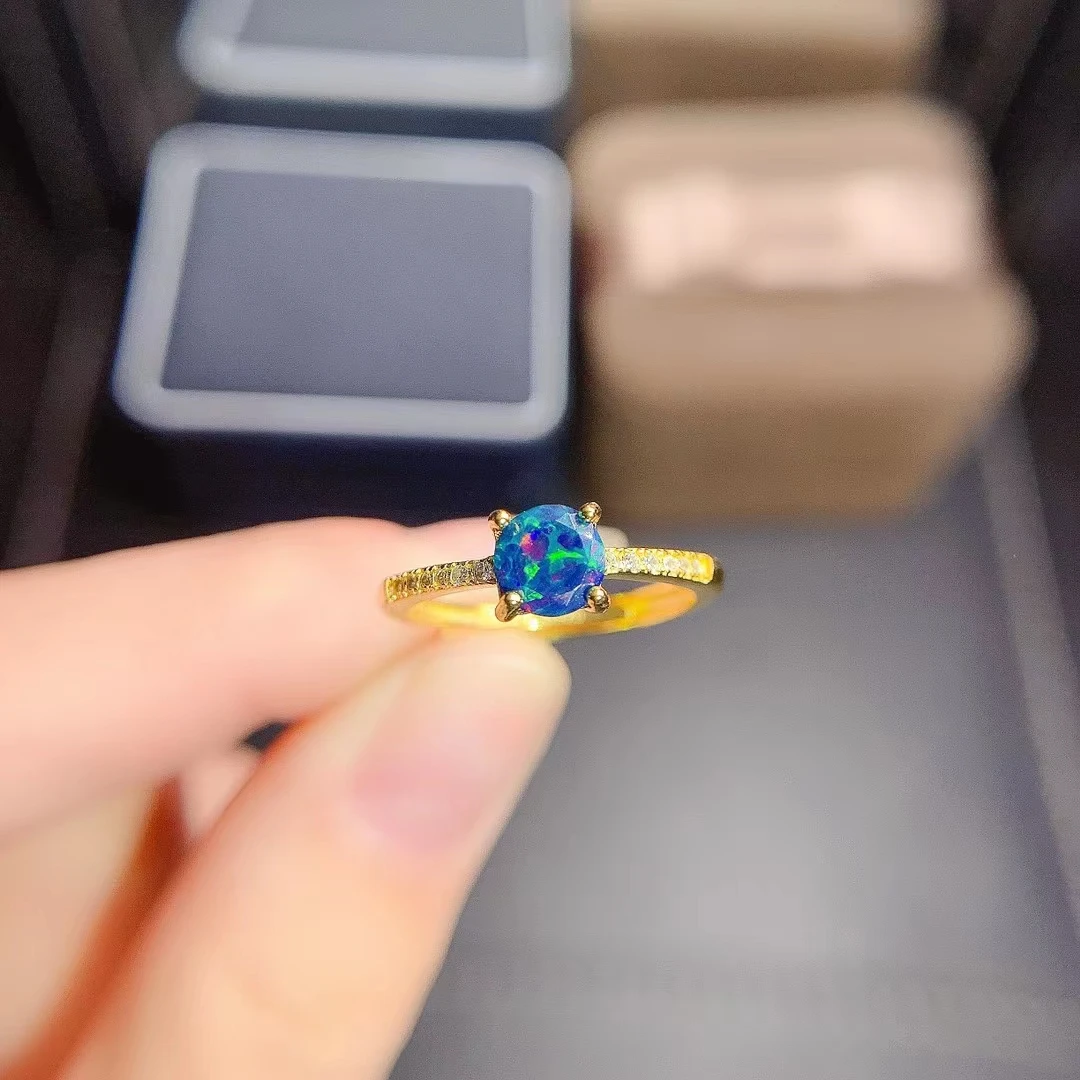 

Natural Black Opal Ring Real 925 Sterling Silver Fine Jewelry 6x6mm Size Natural Gemstone Good Colorful Fire Change Birthstone