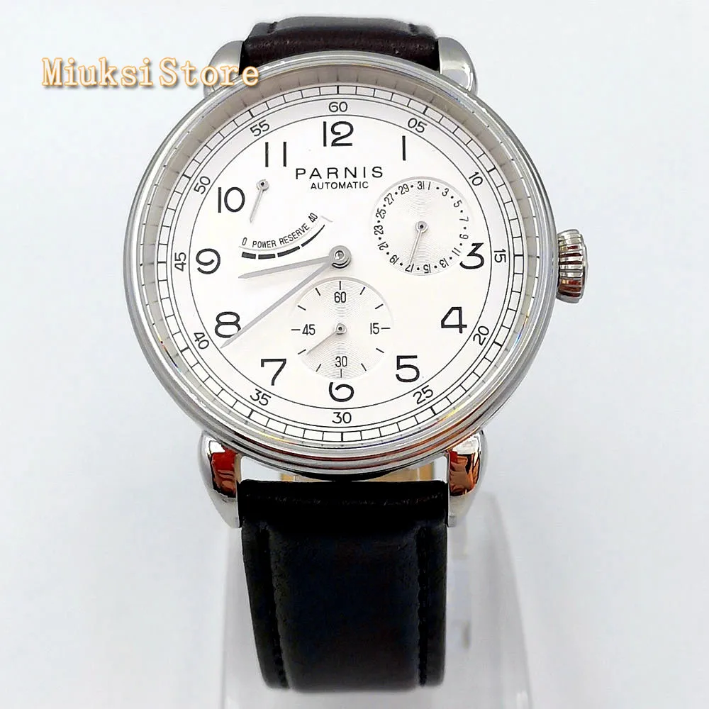 New Parnis 42mm silver watch case date leather automatic movement men\'s luxury mechanical watch